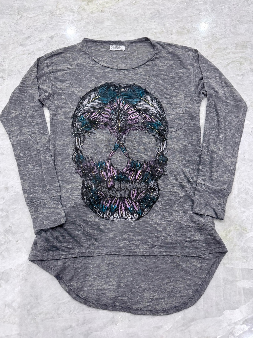 Lauren Moshi Skull Graphic Long Sleeve T Shirt Gray Embellished Top Small